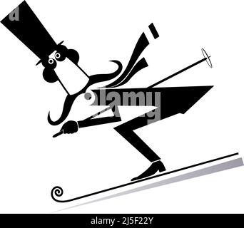 Cartoon Schnurrbart Mann in der Hut eine Skifahrer Illustration. Langer Schnurrbart Gentleman im Zylinder Abfahrtsläufer schwarz auf weiß Stock Vektor