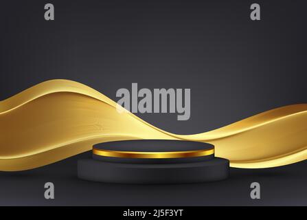 Schwarzes Podium mit goldener Linie. Zylindrisches goldenes und schwarzes Podium mit abstrakter goldener Welle auf schwarzem Hintergrund. 3D Szene für Produktdemonstration Stock Vektor