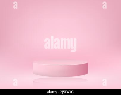 Rosafarbenes rundes Podium. Ein Sockel in einem pastellfarbenen Raum, ein zylindrisches Podium fliegt in der Luft.Vektor-Illustration. Stock Vektor