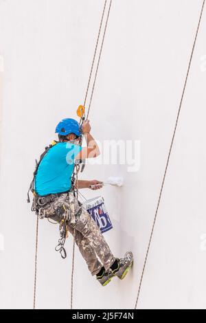 Ein männlicher Arbeiter klettert das Gebäude hinauf, um die Fassade zu malen. Stockfoto