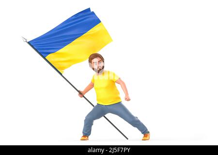 Mann, der stolz die winkende Flagge der Ukraine hält. Isoliert auf weißem Hintergrund. 3D Rendering Stockfoto