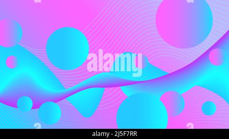Neon Cyan 3D Flüssigkeit, fliegende Kugeln, magentafarbener Hintergrund. Fließende Flüssigkeit. Abstraktes Wellenmuster. Landing Page surreale Vorlage. Banner im futuristischen Design Stockfoto