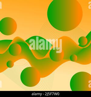 Leuchtend orange, grün 3D Wellen und fliegende Kugeln. Abstrakter flüssiger Hintergrund. Leuchtendes, flüssiges Muster. Bewegungskonzept. Futuristisches Design Stockfoto