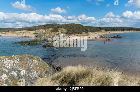 Die Flut ist da und trennt die Insel Llanddwyn vom Anglesey-Festland, Nordwales, Großbritannien. Aufgenommen am 3.. April 2022. Stockfoto
