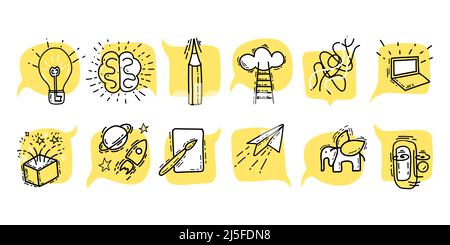 Set konzeptionelle Piktogramme Illustration kreative Symbol Doodle Stil in gelber Farbe Stock Vektor