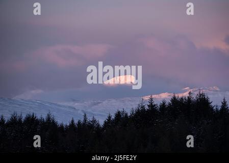 Wunderschöne Alpen Glow treffen Berggipfel in den schottischen Highlands während des atemberaubenden Sonnenaufgangs in der Winterlandschaft Stockfoto