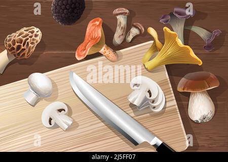 Vektor-Hintergrund mit verschiedenen Arten von essbaren Pilzen auf einem Holztisch, Draufsicht. Realistischer Style Stock Vektor