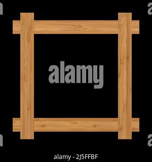 Quadratischer leerer Holz- und Bambusrahmen, isoliert auf schwarzem Hintergrund Stockfoto