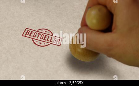 Bestseller Stempel und Stempelhand. Auswahl des Verbrauchers und empfohlenes Kaufkonzept. Stockfoto