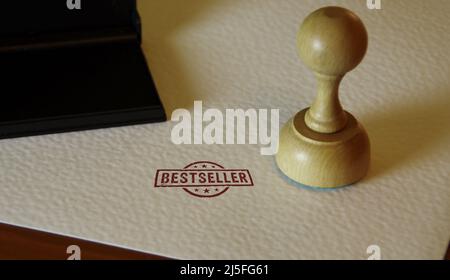 Bestseller Stempel und Stempelhand. Auswahl des Verbrauchers und empfohlenes Kaufkonzept. Stockfoto