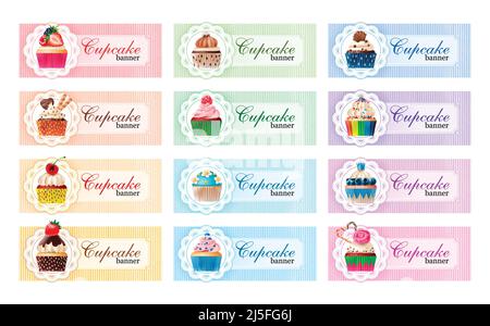 Setzen Sie Vektor Shabby Banner, Header von Süßwaren Bäckerei mit Cupcakes und einem Spitzen-Rahmen für Ihren Text Stock Vektor