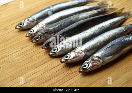 Gereinigt und bereit, frischen Fisch Hamsi kochen, Sardellen-Konzept auf Schneidebrett Stockfoto