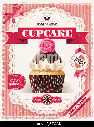 Vektor-Illustration eines schäbigen Hintergrundes, Poster der Süßwarenbäckerei mit Cupcakes und einem Spitzenrahmen für Ihren Text Stock Vektor
