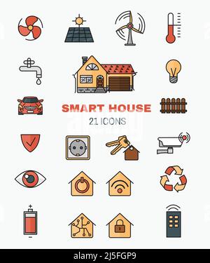 Stellen Sie Vektorlinien-Art-Symbole des Smart Home, Steuerung über Internet-Home-Arbeitsgeräte. Das Konzept von Komfort und Sicherheit eines Smart Home. Stock Vektor