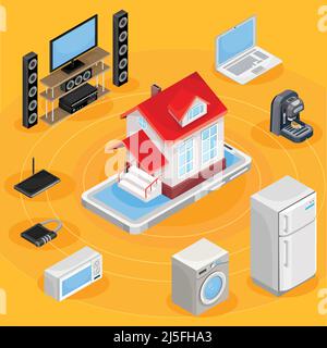 Vektor-isometrische Illustration eines abstrakten Schemas des Smart Home, Steuerung über Internet-Home-Arbeitsgeräte. Das Konzept von Komfort und SA Stock Vektor