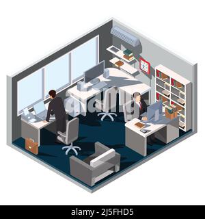 Vector 3D isometrische Illustration Innenraum Büroraum und Mitarbeiter, die dort arbeiten Stock Vektor
