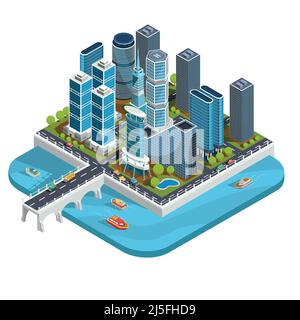 Vektor isometrische 3D Illustrationen Ikonen von Gebäuden. Das Konzept des modernen Stadtviertels mit Wolkenkratzern, Büros, Wohngebäuden und der Stock Vektor