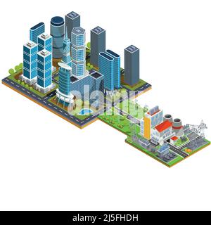 Vektor isometrische 3D Illustrationen Ikonen von Gebäuden. Das Konzept eines modernen Stadtviertels mit Wolkenkratzern, Büros, Wohngebäuden und einem Nearb Stock Vektor