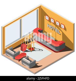 Vektor 3D isometrische Illustration Innenraum der Hotellobby. Das Innere des Hotelzimmers mit Rezeption, Koffern, Sesseln und Couchtisch Stock Vektor