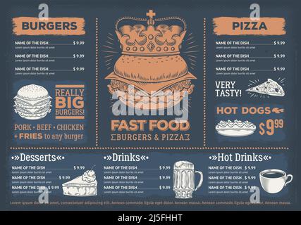 Vektor-Illustration eines Design-Fast-Food-Restaurant-Menü, ein Café mit einer handgezeichneten Grafiken. Vintage kreative Vorlage, Flyer, Broschüre. Stock Vektor