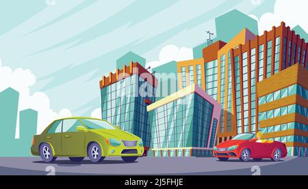 Vektor-Cartoon-Illustration einer urbanen Landschaft mit großen modernen Gebäuden und Autos. Geschäftsviertel mit Wolkenkratzern, modernes Apartment-Gebäude Stock Vektor