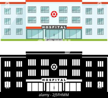 Medizinisches Konzept. Verschiedene Art jüdisches Krankenhaus Gebäude isoliert auf weißem Hintergrund in flachem Stil. Farbige und schwarze Silhouette. Vektorgrafik Stock Vektor