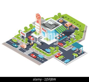 Vektor-isometrische Darstellung eines modernen italienischen Fast-Food-Restaurants mit Parkplatz und Tankstelle. Isometrische Pizzeria mit einem riesigen Pizza-Schild, Itali Stock Vektor