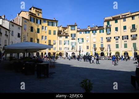 Lucca-März 2022-Italien der charakteristische Platz des Amphitheaters im historischen Zentrum der Altstadt. Stockfoto