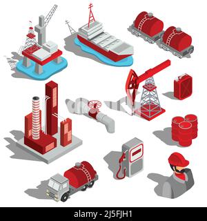 Ein Satz isolierter Vektor-isometrischer Illustrationen der Ölindustrie. 3D Symbole für Ölförderung, Transport, Ölraffinerie, Ölpipeline, Fässer Stock Vektor