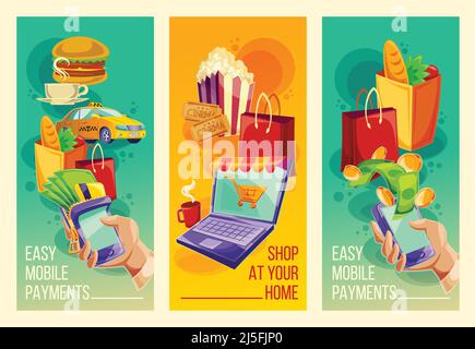 Drei Vektor-Cartoon-Illustrationen mit Geräten für E-Payment-Handys, Laptop. Vector vertikale Banner zeigen die Leichtigkeit und Bequemlichkeit von onli Stock Vektor