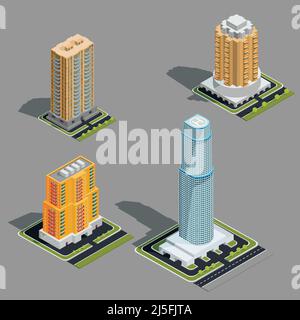 Vektor isometrische 3D Illustrationen Ikonen von Gebäuden Wolkenkratzer, Turm, Büros, Wohngebäude Stock Vektor