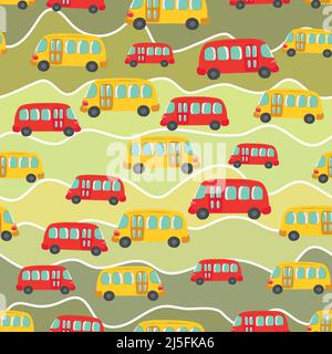 Nahtloses Muster mit niedlichen Bus, Auto auf farbigem Hintergrund. Cartoot-Transport. Vektorgrafik. Doodle-Stil. Design für Baby Print, Einladung Stock Vektor