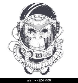 Vektor handgezeichnete Illustration eines Affen Astronaut, Schimpansen in einem Raumanzug im Stil der Gravur. Druck für T-Shirts, Schablone, Skizze Tatto Stock Vektor