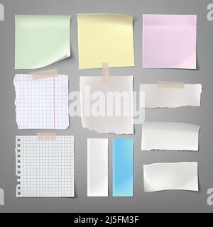 Sammlung von Vektorgrafiken Papiernotizen verschiedener Typen in einem realistischen Stil isoliert auf einem Grau Stock Vektor