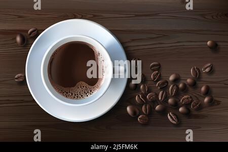 Vektor-Illustration eines realistischen Stil der weißen Kaffeetasse mit einer Untertasse und Kaffeebohnen, Draufsicht, isoliert auf braunem Holzhintergrund. Drucken, Tem Stock Vektor