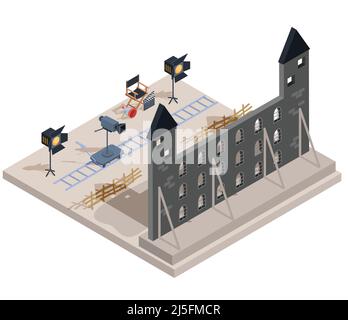 Vektor-isometrische Illustration eines Filmset mit einer Reihe von Elementen des Filmemachens - die Landschaft eines alten Schlosses, eine Kamera, Lichttechnik, ein Regisseur Stock Vektor