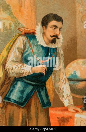 Johannes Kepler (1571-1630). Deutscher Astronom und Mathematiker. Kepler in der Sternwarte in Prag. Chromolithographie, Detail. Historia Universal, von César Cantú. Band VIII. Veröffentlicht in Barcelona, 1886. Stockfoto