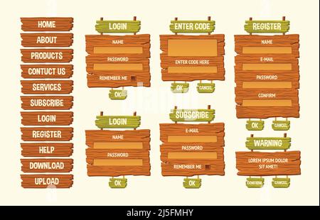 Set von Vektor-Cartoon-Illustrationen Holzschilder, Komponenten für die Spieleentwicklung, gui-Design-Elemente Stock Vektor