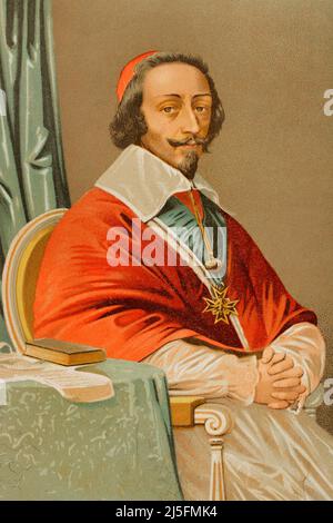 Kardinal Richelieu (Armand Jean du Plessis) (1585-1642). Französischer Geistlicher und Staatsmann. Chief Minister von König Louis XIII.. Hochformat. Chromolithographie. Historia Universal, von César Cantú. Band VIII. Veröffentlicht in Barcelona, 1886. Stockfoto