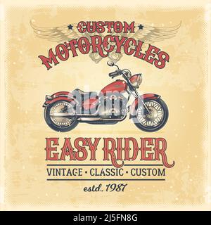 Vektor-Farbdarstellung eines Vintage-Posters mit einem Custom-Motorrad. Druck, Vorlage, Werbedesign-Element für den Motorclub, Motorrad-Vertreter Stock Vektor