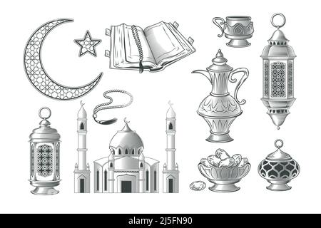 Set von Vektor-muslimischen Illustrationen, Ikonen für Gebet und ramadan Kareem im Stil der Gravur. Drucken, Vorlage, Designelement Stock Vektor