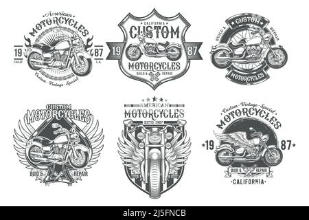 Set Vektor schwarzen Vintage Abzeichen, Embleme mit einem benutzerdefinierten Motorrad. Druck, Vorlage, Werbedesign-Element für den Motorclub, Motorrad-Reparatur s Stock Vektor