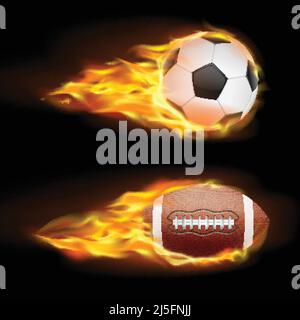 Vector Set von Sport brennenden Kugeln, Kugeln für Fußball und American Football auf Feuer in einem realistischen Stil isoliert auf schwarz. Drucken, Vorlage, Design ele Stock Vektor