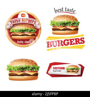 Set von Vektor schönen Fast-Food-Symbole und Abzeichen von Hamburgern in einem realistischen Stil isoliert auf weißem Hintergrund. Stock Vektor