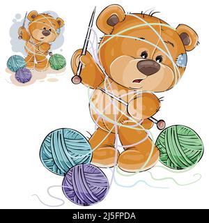 Vektor-Illustration eines braunen Teddybären, der eine Stricknadel in seiner Pfote hält und sich in Fäden verwickelt, Kunsthandwerk. Drucken, Vorlage, Designelement Stock Vektor