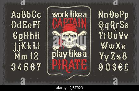 Vektor-Illustration einer weißen Vintage-Schrift, dem lateinischen Alphabet mit Retro-Piratendruck mit Totenkopf und Kreuzknochen. Vorlage, Designelement Stock Vektor