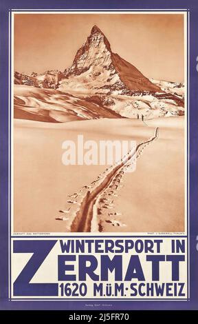 Vintage 1930s Zermatt Travel Poster mit Matterhorn hinter der Schweiz der 30er Jahre Stockfoto