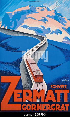 Vintage 1930s Zermatt Travel Poster mit Matterhorn hinter der Schweiz der 30er Jahre Stockfoto