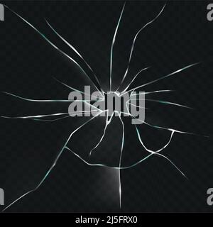 Vektordarstellung eines gebrochenen, rissigen Glases mit einem Loch in realistischem Stil auf schwarzem Hintergrund Stock Vektor