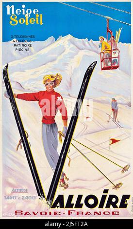 Vintage 1940s Ski Poster -VALLOIRE, Savoie Frankreich, Neige Soleil - anonymer Künstler, 1946 Stockfoto